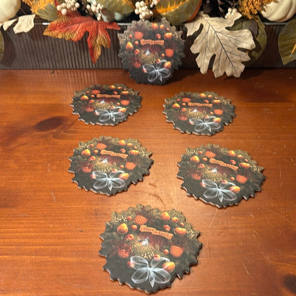 6 Cork Coasters Peace on Earth Wreath Design with Longaberger Baskets